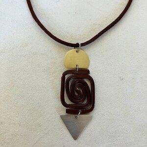 Aluminum Pendant Silk Necklace Silver Gold Brown Unique Handcrafted Medallion